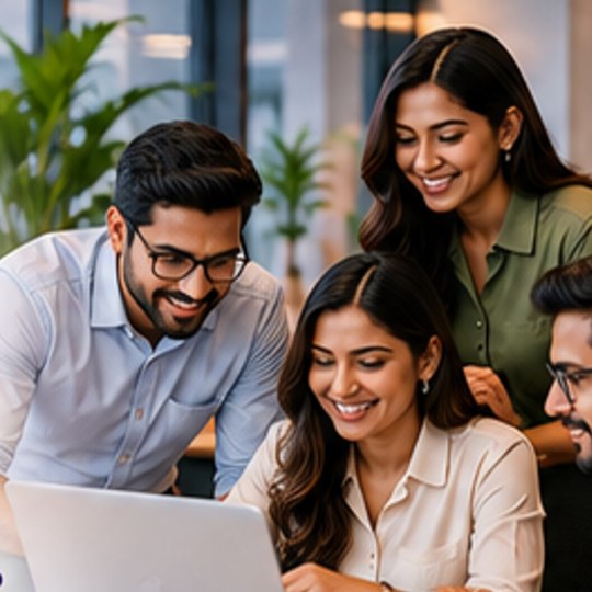 A diverse team collaborating around a laptop in a bright modern office